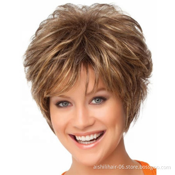 AISHILI Synthetic Short Bloned Brown High Quality Hair Wigs pixie cut Nature Wave hair synthetic hair wig For Fashion Women